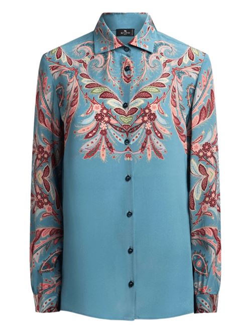 Camicia da donna in pura seta, motivo floreale sullo sfondo azzurro ETRO | WRIA0019AKA37X0884